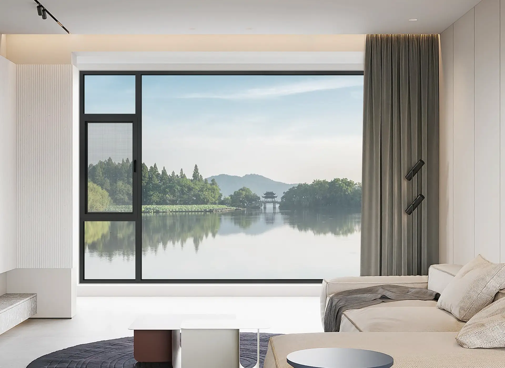Modern Living Room with BIOZE 78 Integrated Flyscreen Casement Windows